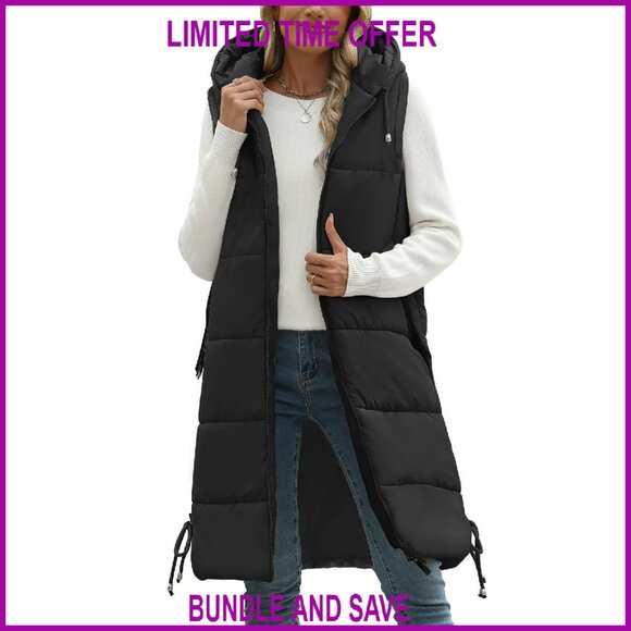 Women's Long Hooded Puffer Vest Winter Warm Quilted Sleeveless Down Jacket